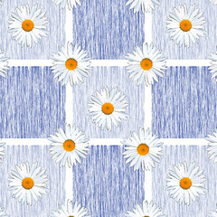 Obraz premium Hand-drawn white daisy flowers with yellow centers arranged in a seamless repeating pattern over blue textured square panels and white grid lines. Fresh floral background for spring and summer fabric,