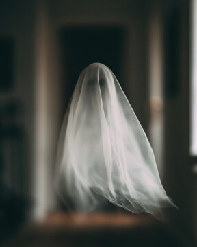 Ghost floating in residential hallway, spooky apparition haunting domestic corridor for Halloween