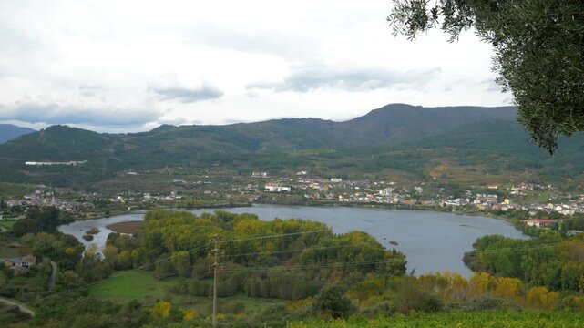 Panoramic view over Pet&iacute;n and A R&uacute;a de Valdeorras from the hills near Mones, showing villages, green valleys and mountains in Galicia, Spain
