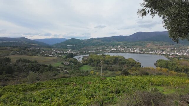 Panoramic view from Santa Mar&iacute;a de Mones over Pet&iacute;n and A R&uacute;a de Valdeorras, revealing the Sil valley, scattered villages, wooded hills and mountains of rural northern Galicia, Spain