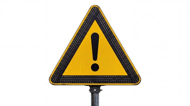 Triangular yellow road warning sign featuring black exclamation mark and unique tire tread on white background