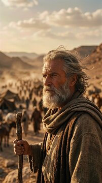 Ancient leader shepherd: Moses lead, Israelite nation, desert wander, harsh wilderness, God's theology, spiritual faith, biblical prophecy, holy destiny, long journey.