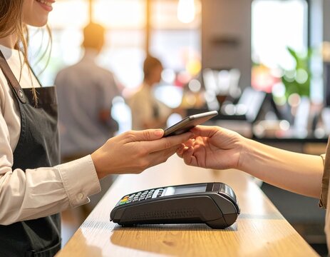 Contactless Mobile Payment at Cafe Counter with Card Reader Terminal