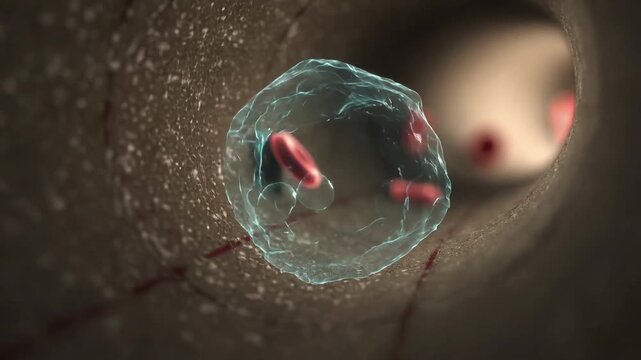 Being pushed by blood flow, translucent cell drifting along vessel lumen, red blood cells passing