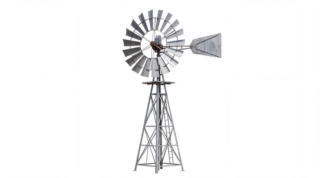 Vintage galvanized steel windmill structure for water pumping isolated against a clear bright on white background
