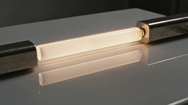 Powering glass tube showing plasma knots on glossy tabletop, with electrode clamps