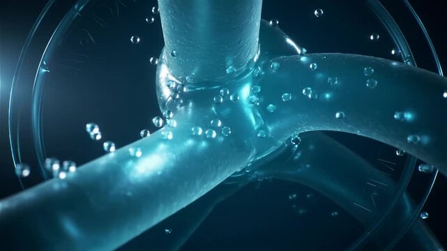 Camera pushing three-arm clear tube junction emitting bubbles in tank, revealing detail and ring