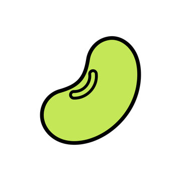 Minimal green kidney bean vector icon, flat cartoon legume symbol with bold black outline, simple food logo for packaging, menus, apps