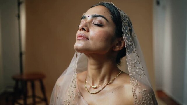 Tilting Indian woman, eyes closed, lifting chin in studio while wearing sheer veil, bindi