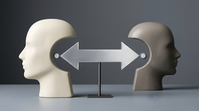 Mental health, psychology and communication with arrow for strategy, brain and connection between heads. Choice, conflict and decision with perspective, human behavior and mind in studio setting.