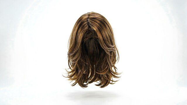 Long brown wavy wig with layered hairstyle isolated on white background