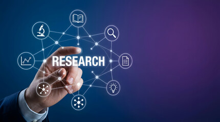 Obraz premium Research, business and technology with hand on virtual screen for innovation, development and strategy. Science, education and global network with icons, information and progress for corporate growth
