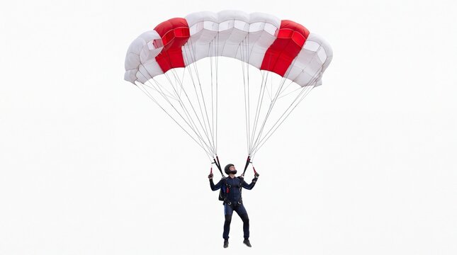 Professional skydiver gliding through the air with a bright red and white parachute on white background