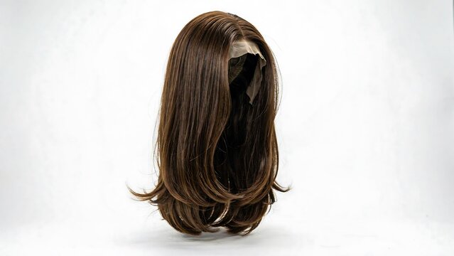 Long brown straight wig with layered hairstyle isolated on white background