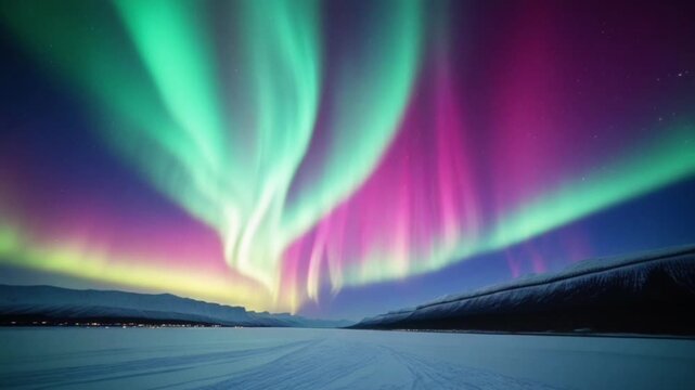 Shimmering curtains of steady green and reddish-purple light glow brightly above a landscape of snow-capped mountains and the calm surface of a frozen lake.