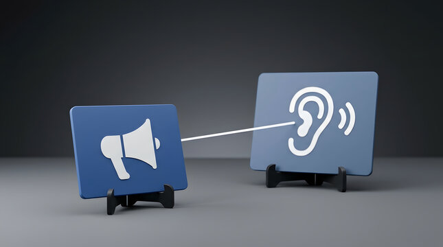 Social media marketing, communication and feedback with megaphone, ear icon and connection for strategy. Business, listening and announcement with advertising, broadcasting and customer service help