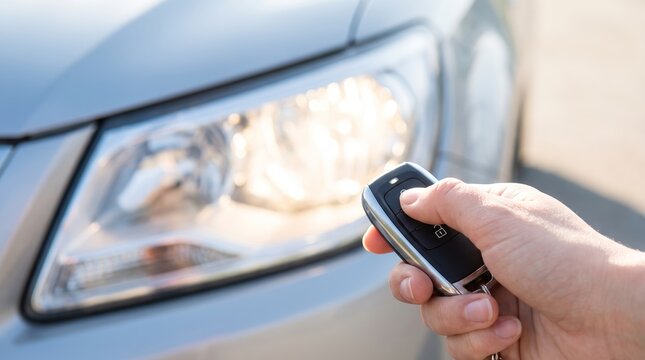 Hand with car remote key unlocking modern vehicle closeup. Driver pressing button on key fob to lock or open automobile door. Car ownership, security and automotive technology concept.