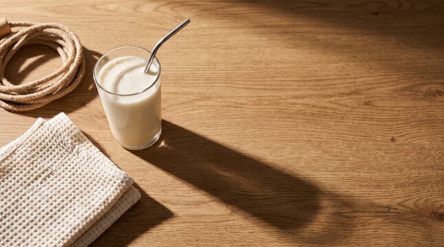 Minimalist protein shake on wooden table, healthy fitness smoothie with metal straw, wellness lifestyle concept with jump rope