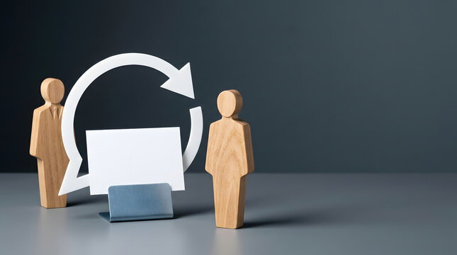 Human resources, communication and exchange with wooden figures for business strategy, feedback loop and recruitment process. Staff, message and card with information, corporate teamwork and sign