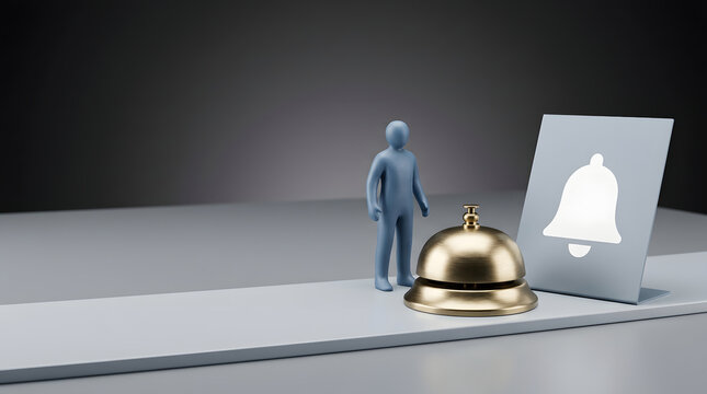 Customer service, hospitality and concierge with desk bell, notification icon and support figure. Assistance, reception and help with alert symbol, hotel stay and guest communication office desk