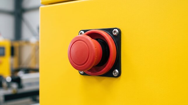 Red emergency stop button on yellow industrial machine control panel. Safety shutdown switch for factory equipment. Industrial automation and workplace safety concept in manufacturing plant