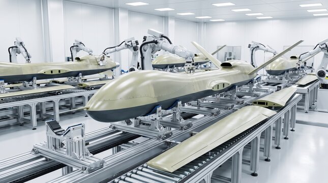 Robotic arms assembling military drones on automated production line in modern factory. Unmanned aerial vehicle manufacturing with industrial robots. Defense technology and aerospace industry concept