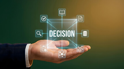 Obraz premium Decision making, business and strategy with hand for choice, planning and corporate leadership. Management, technology and solution with options, process and direction for success, growth and goal