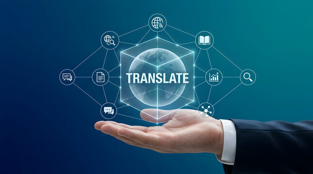 Translation, language and global communication with business hand, technology and digital interface for international service. Multilingual, software and globe with icons for mobile app and internet