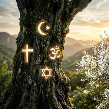 Tree of Religions Symbols of Faith Carved into Ancient Trunk with Sunset Background