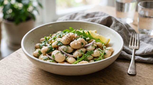 Ceramic bowl filled with butter beans salad mixed with fresh arugula red onion slices and lemon wedges on a rustic wooden table with a linen napkin and a silver fork beside it