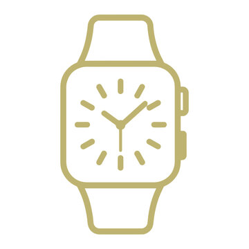 Minimalist gold line art illustration of a digital smartwatch with a square face and clock hands
