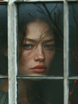 Close-up portrait of a young woman's face through a window. she is looking directly at the camera with a serious expression. her hair is styled in loose waves and falls over her shoulders.