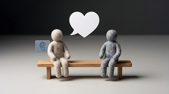 Mental health, counseling and therapy with felt figures for support, listening and psychology. Empathy, conversation and wellness with talk therapy, coaching and relationship for healing mind