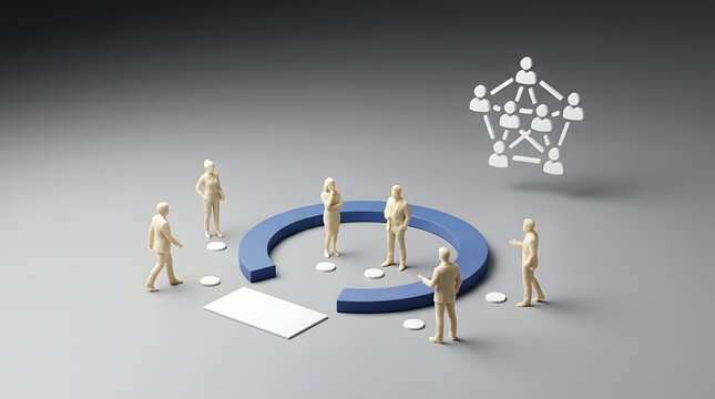 Business team network and management strategy for corporate collaboration, leadership and social connection. Figures, circular chart and icon for organizational growth, success and marketing.