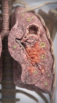 Infected lung anatomy: pulmonary tuberculosis, mycobacterium bacterium, respiratory disease, contagion illness, chronic inflammation, medical diagnosis, health screening, prevent infection.