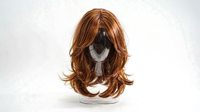 Brown long layered wig displayed on mannequin head against white background