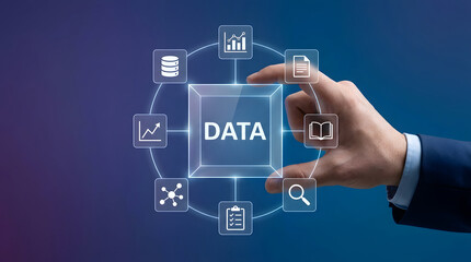 Obraz premium Big data, analytics and business hand with digital interface, cloud computing and information management. Technology, intelligence and corporate professional with icons, storage and future growth