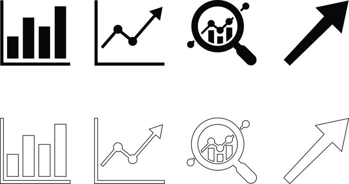 Set of business and financial data analysis icons featuring bar charts line graphs and growth arrows
