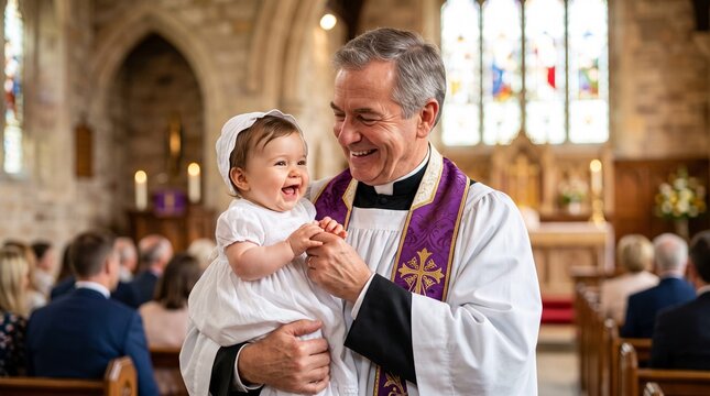 Priest smiling at baby, Priest holding smiling baby girl during baptism ceremony in church  
