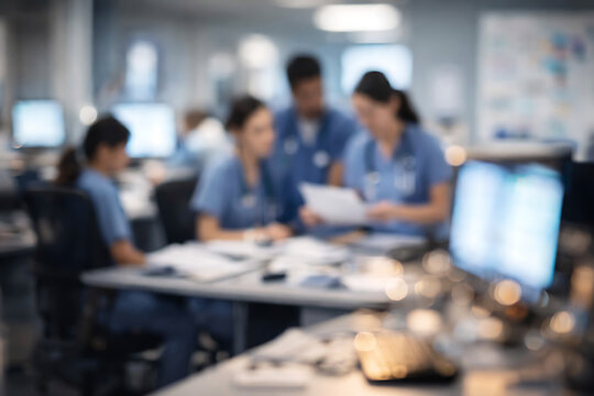 Blurred medical team collaborating in busy hospital office during shift handover and patient care discussion