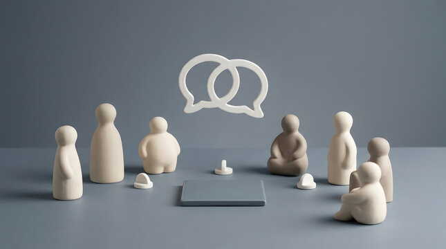 Communication, group and team meeting with speech bubble for discussion, collaboration and social interaction. Figures, clay and round table for therapy, psychology and support group chat here