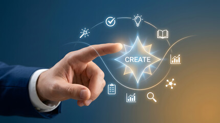 Obraz premium Business innovation strategy, hand and interface for creativity, leadership and corporate success. Manager, future and planning with digital icons, technology growth and professional vision goals
