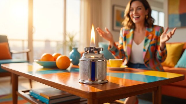 Vintage lighter tabletop, Young woman smiling by citrus fruit and oil lamp in modern living room  