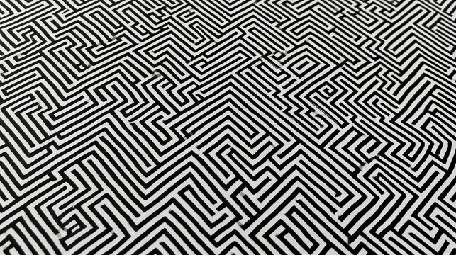 Black and white geometric pattern with a repeating design. the pattern is made up of multiple interlocking lines that form a maze-like structure.