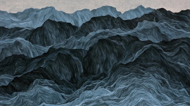 Abstract landscape of a mountain range. the mountains are covered in a dark blue-grey color, with the peaks reaching up towards the sky.