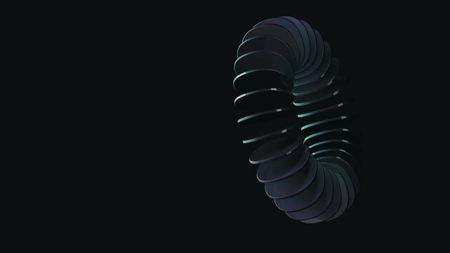A dark, three-dimensional torus with a metallic sheen, set against a black background