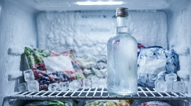 Bottle of vodka in freezer, Frozen vodka bottle and ice cubes inside a home freezer with food packs  