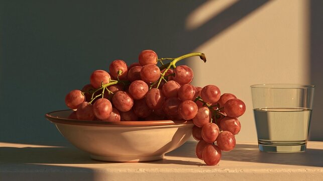 Bowl of red grapes and a glass of water on a white surface. the bowl is made of ceramic and has a round shape with a flat base.
