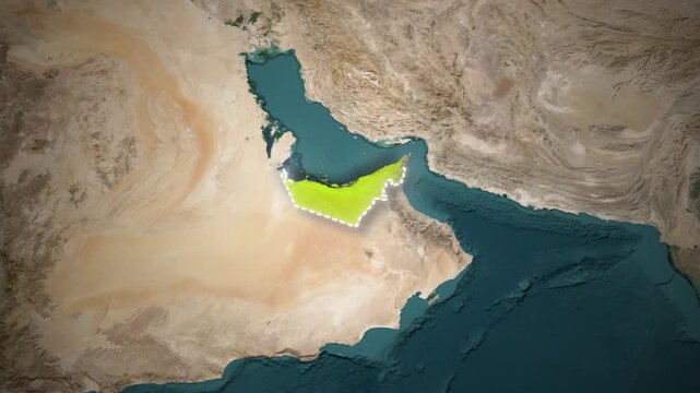 Satellite Map Animation of UAE with Borders and Major City Highlighted Abu Dhabi, Dubai, Ras Al Khaimah and Fujairah