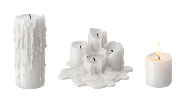 Set of 3 isolated white pillar candles and melted wax elements, home decor